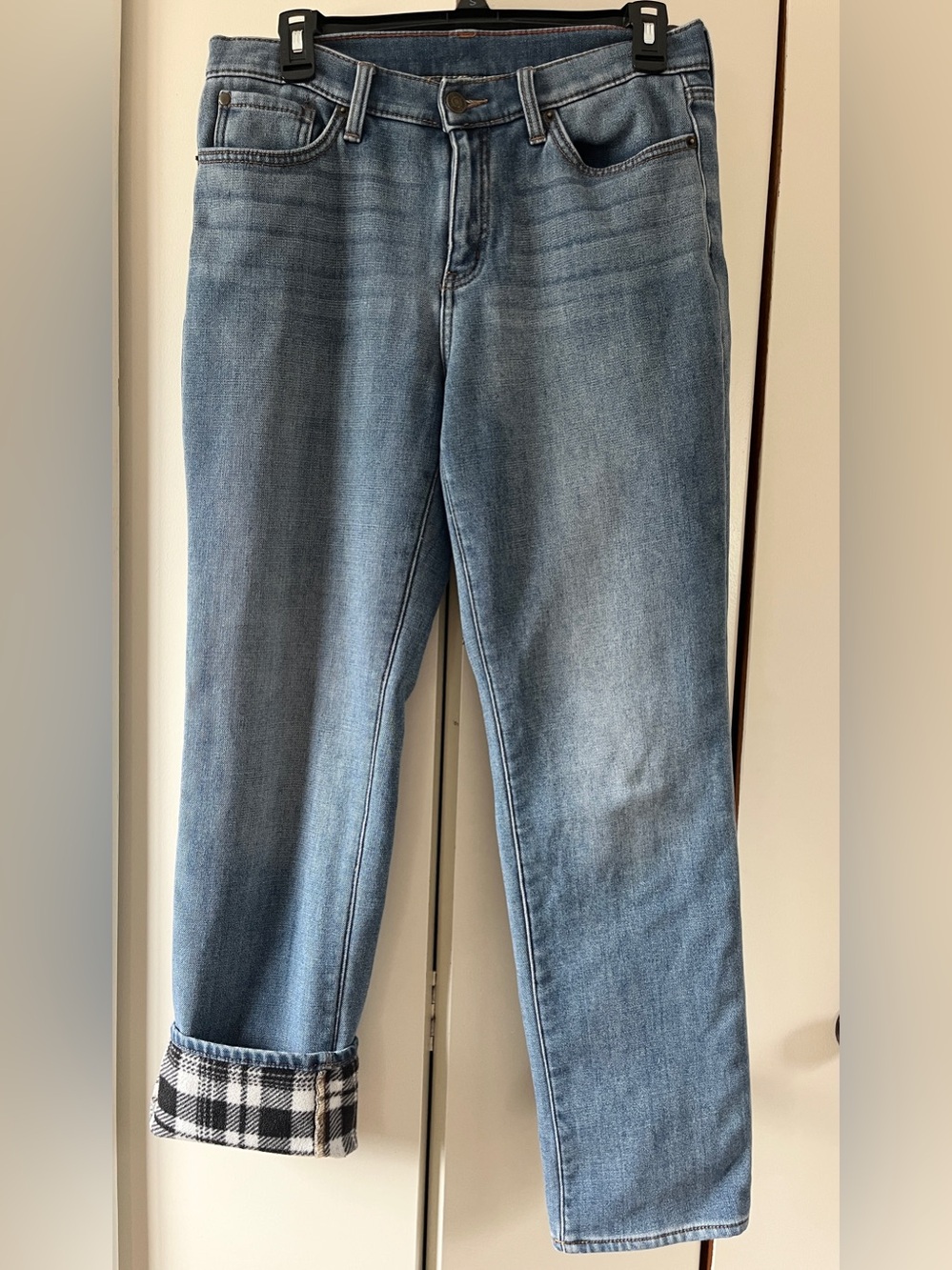 Eddie Bauer Buffalo Plaid Fleece Lined Boyfriend Jeans Denim Black White Women 6